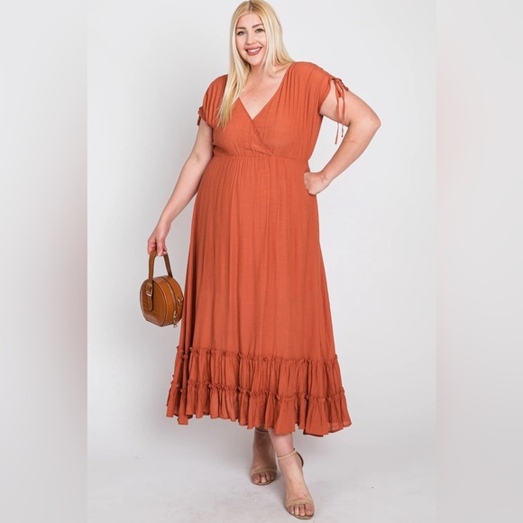 ARULA Dress Women's Size 1X Rust Orange Maxi Ruffle Hem Dolman Sleeves V-Neck - Picture 3 of 16